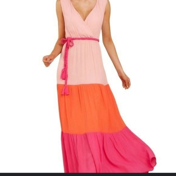 Flying Tomato Deep V Neck Flowy Silky Pastel Peach, Deep Coral, Hot Pink Maxi - Picture 1 of 6